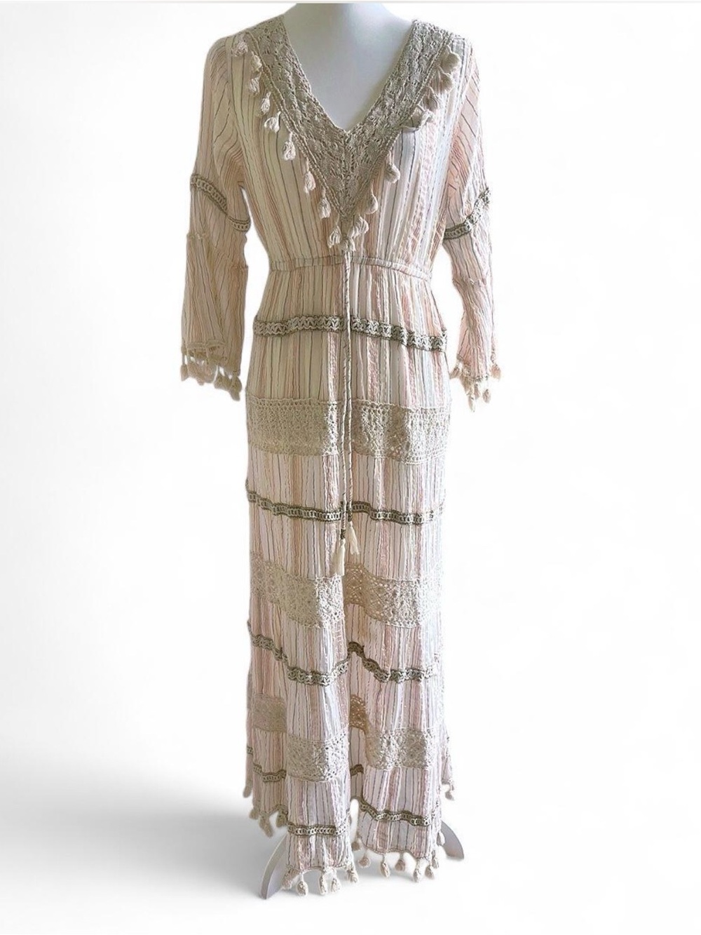 Me 2 Magic Boho Cotton Metallic Stripe Tassel Maxi Dress Women XL White Gold